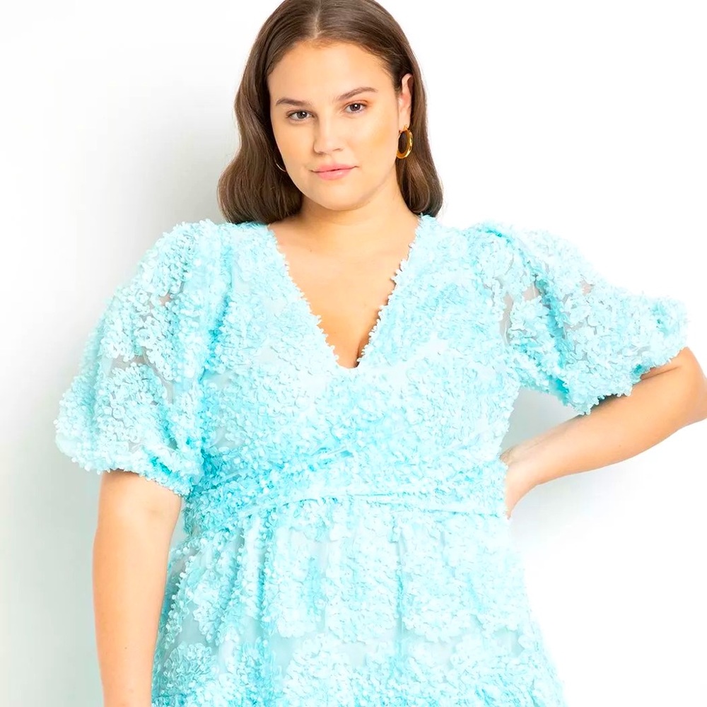 ELLOQUI Iced Aqua Sheer Mini Dress. NWOT Size 24